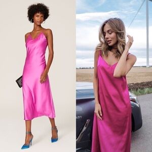 O.P.T. 90s Y2K Barbie Hot‎ Pink Satin V-Neck Sleeveless Midi Slip Dress Size M